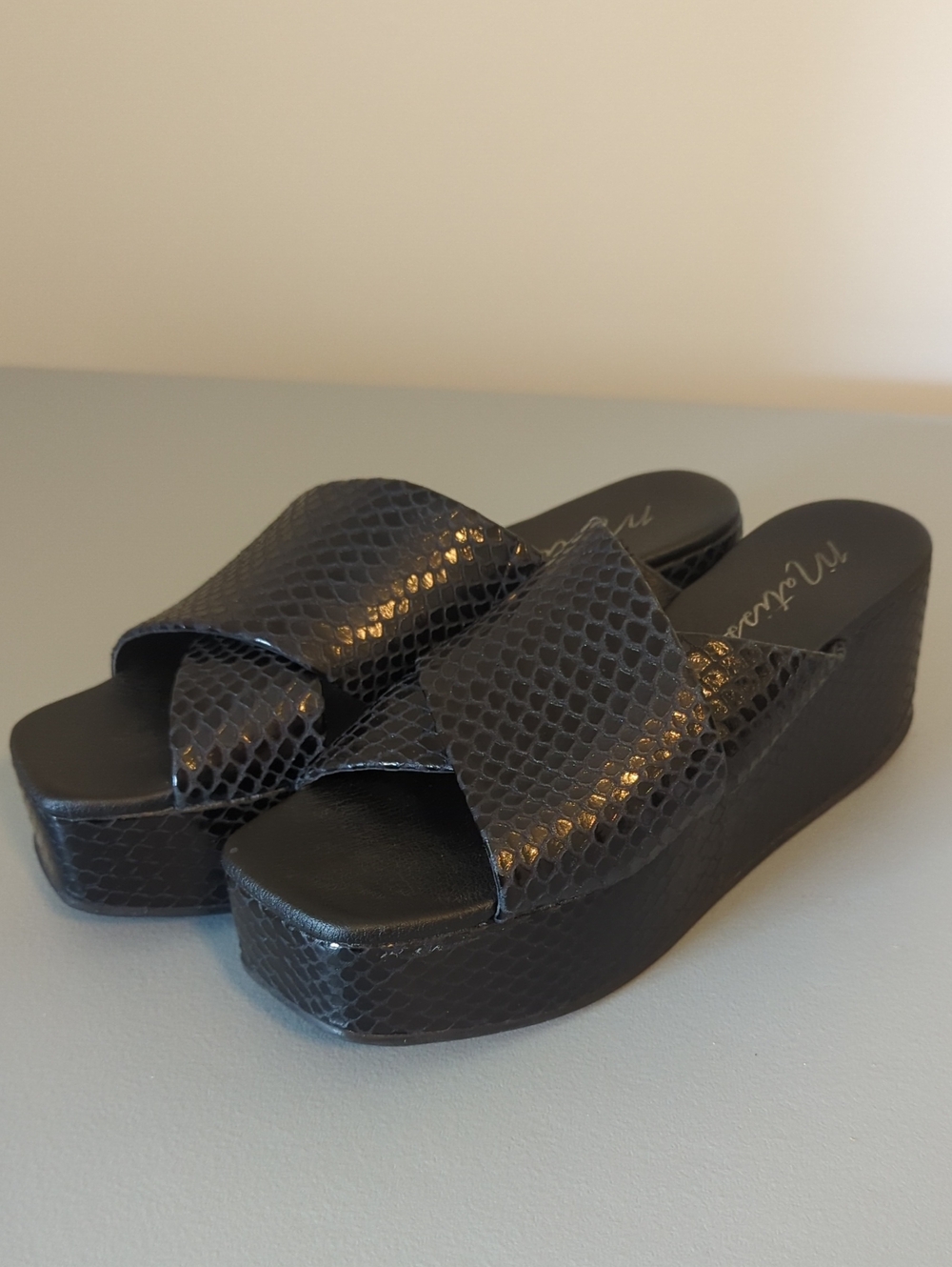 Matisse Platform Slide Sandals in Black Snakeskin